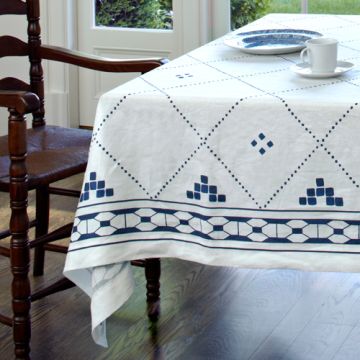 Anfa Blue and White Square Linen Tablecloth
