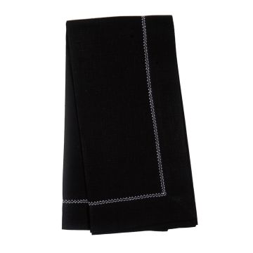 Huddleson black linen napkin with white hemstitch