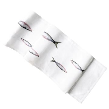 Huddleson white linen table runner with fish print