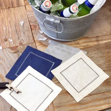 Navy Blue Linen Cocktail Napkin with Ivory Contrast Hemstitch