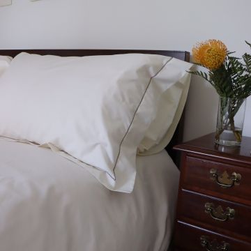 Ivory pillow sham cotton percale brown hemstitch trim 