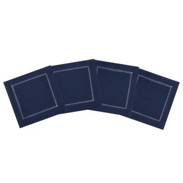 Navy Blue Linen Cocktail Napkins with Ivory Contrast Hemstitch