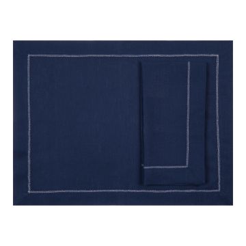 Navy Blue Linen Placemat with Ivory Contrast Hemstitch