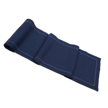 Navy blue hemstitched linen table runner white trim