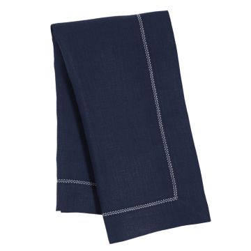 Navy Blue Linen Napkin with Ivory Contrast Hemstitch