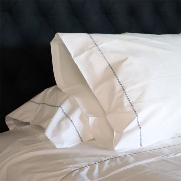White 500TC Cotton Percale Sheet Set - Navy Blue Hemstitch