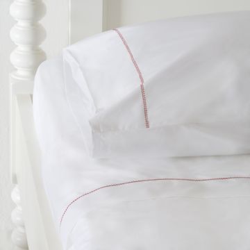 White 500TC Cotton Percale Sheet Set - Red Hemstitch
