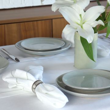 White Linen Table Runner with Green Contrast Hemstitch