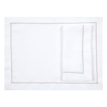 White Linen Placemat with Sage Green Contrast Hemstitch