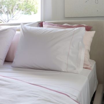 White 500TC Cotton Percale Pillowcase (Pair) - Pink Hemstitch