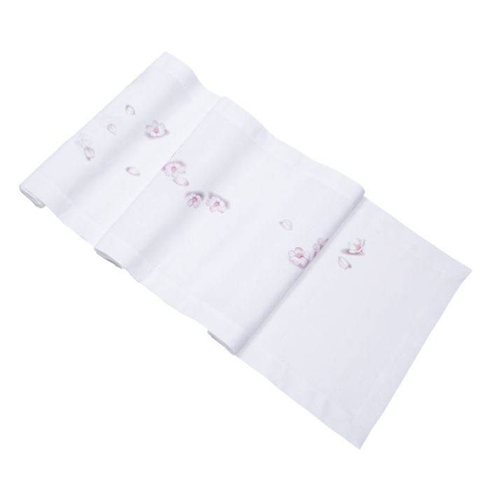 Blossom White Pink Floral Linen Table Runner 