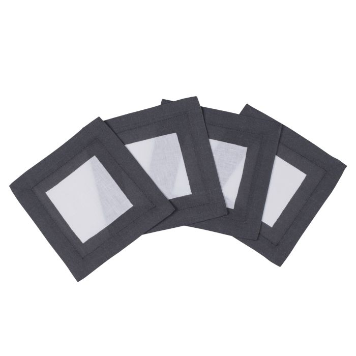 Cinta white linen cocktail napkin coaster charcoal grey border