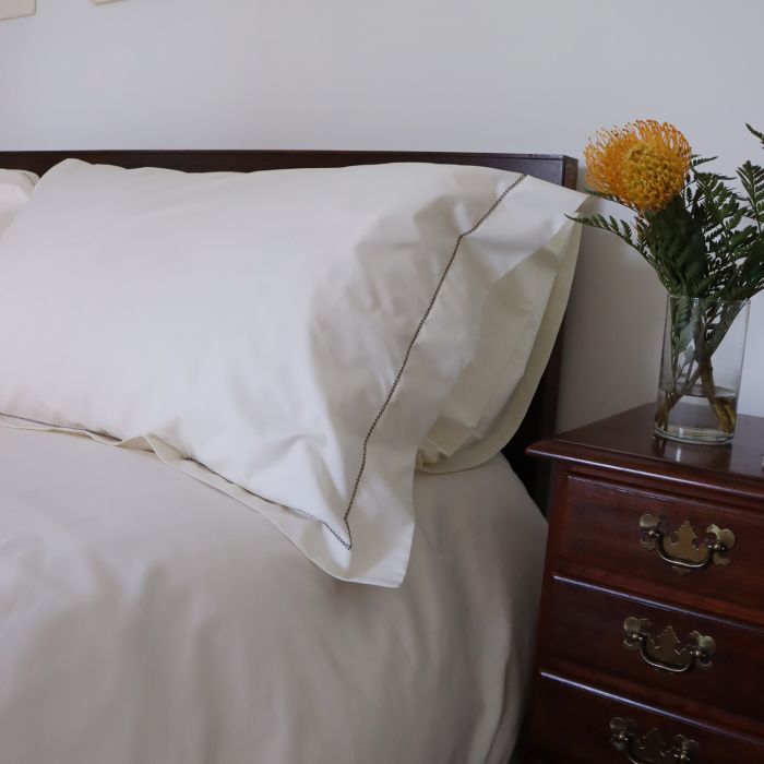 Ivory luxury cotton pillow sham percale brown trim hemstitch 