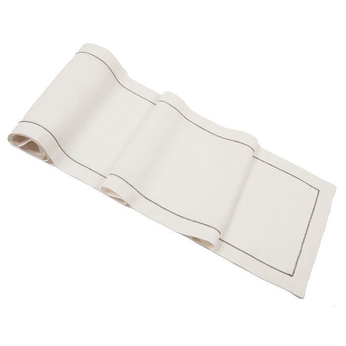 Ivory Italian linen table runner with chocolate brown hemstitch trim