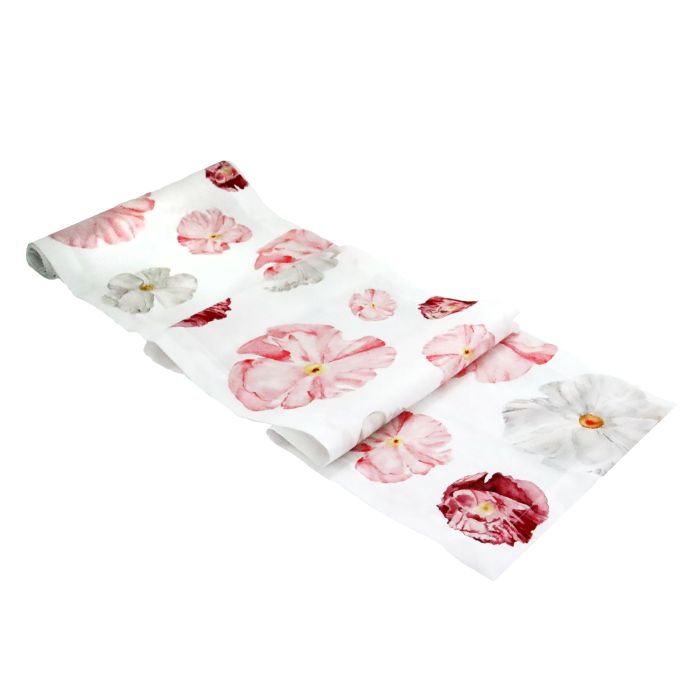 Poppy Floral Print White Linen Table Runner 