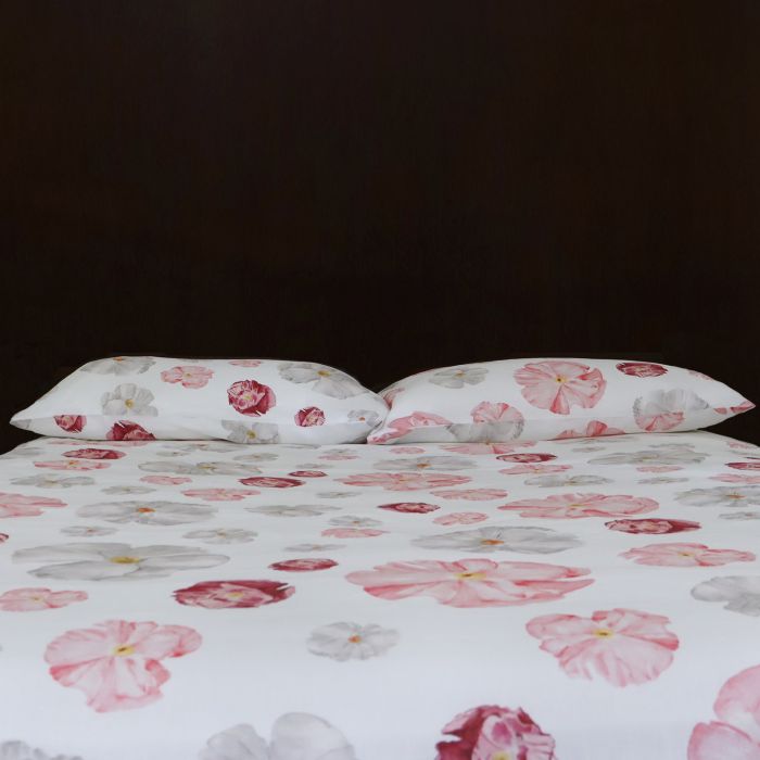 Poppy floral print linen sheets white red pink grey linen