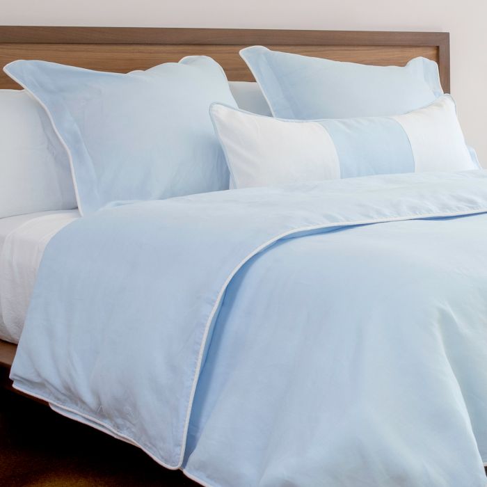 Sky blue Italian linen duvet cover white piped edge