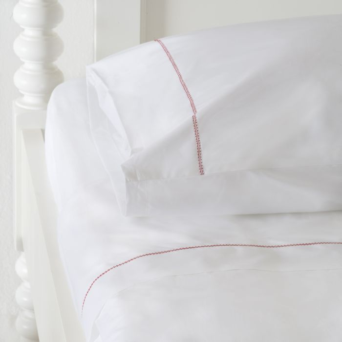 White 500TC Cotton Percale Top Sheet - Red Hemstitch