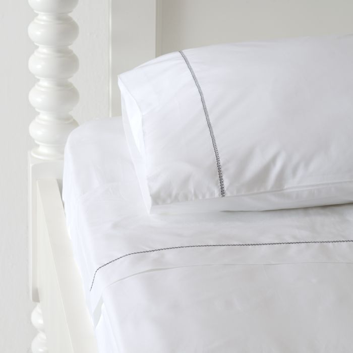 White 500TC Cotton Percale Sheet Set - Black Hemstitch