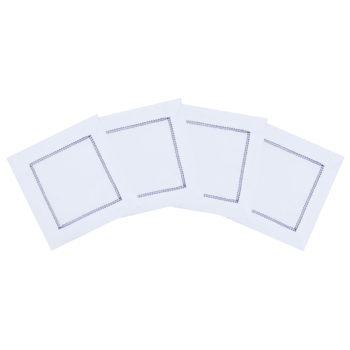 White Linen Cocktail Napkin with Navy Blue Contrast Hemstitch