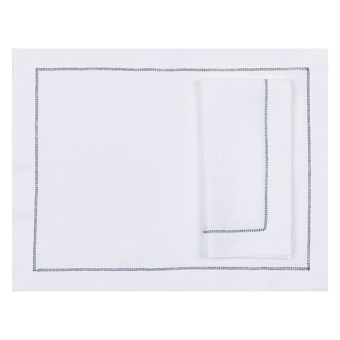 White hemstitched linen placemat navy blue trim