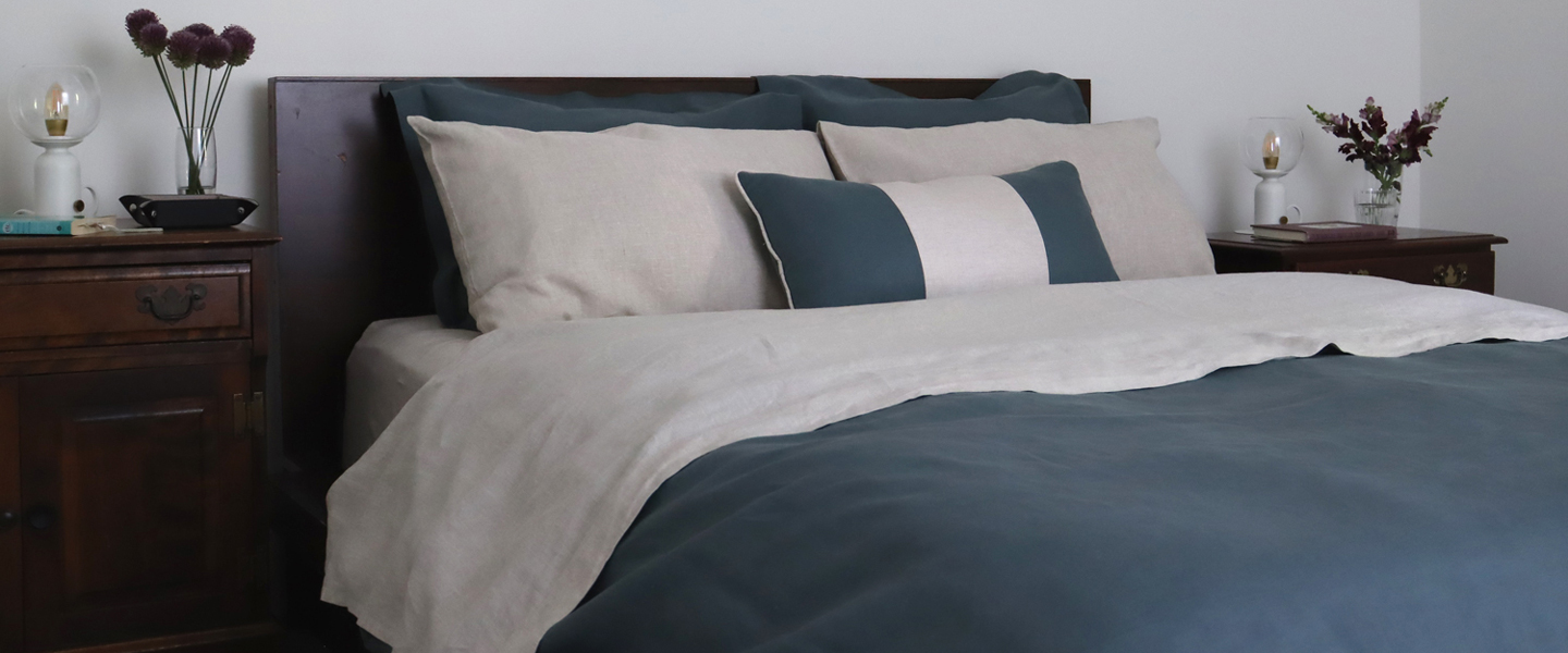 Petrol Teal Linen Duvet Cover & Natural Sheets