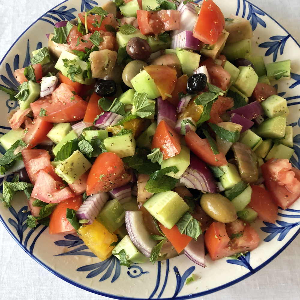 Greek salad blue and white bowl