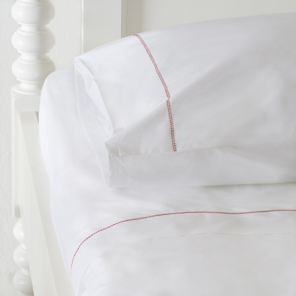 Huddleson white luxury percale sheet set with red hemstitch 