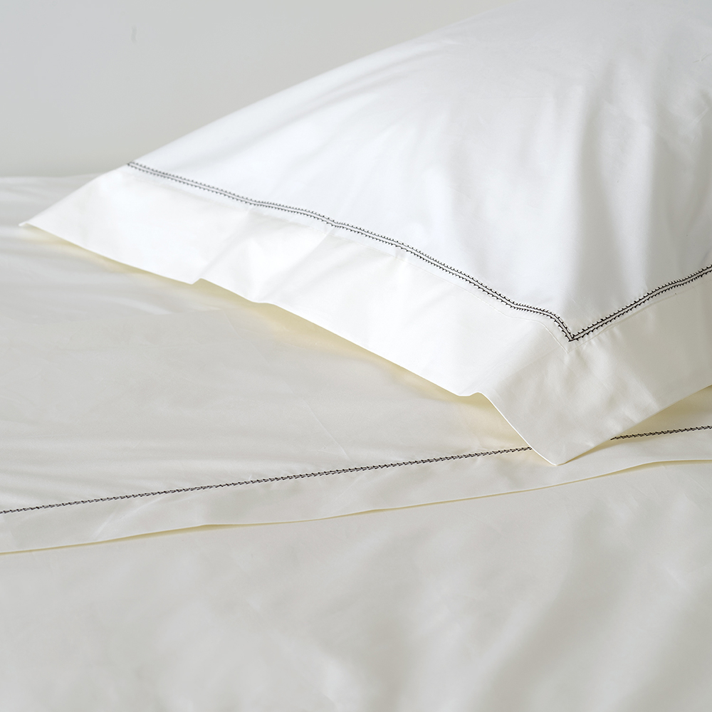 Ivory Linens 100 percent cotton 500 thread count made in Italy organic bedding hotel sheets pillowcases duvets shams bedrrom decor guest room cream percale chocolate hemstitch 