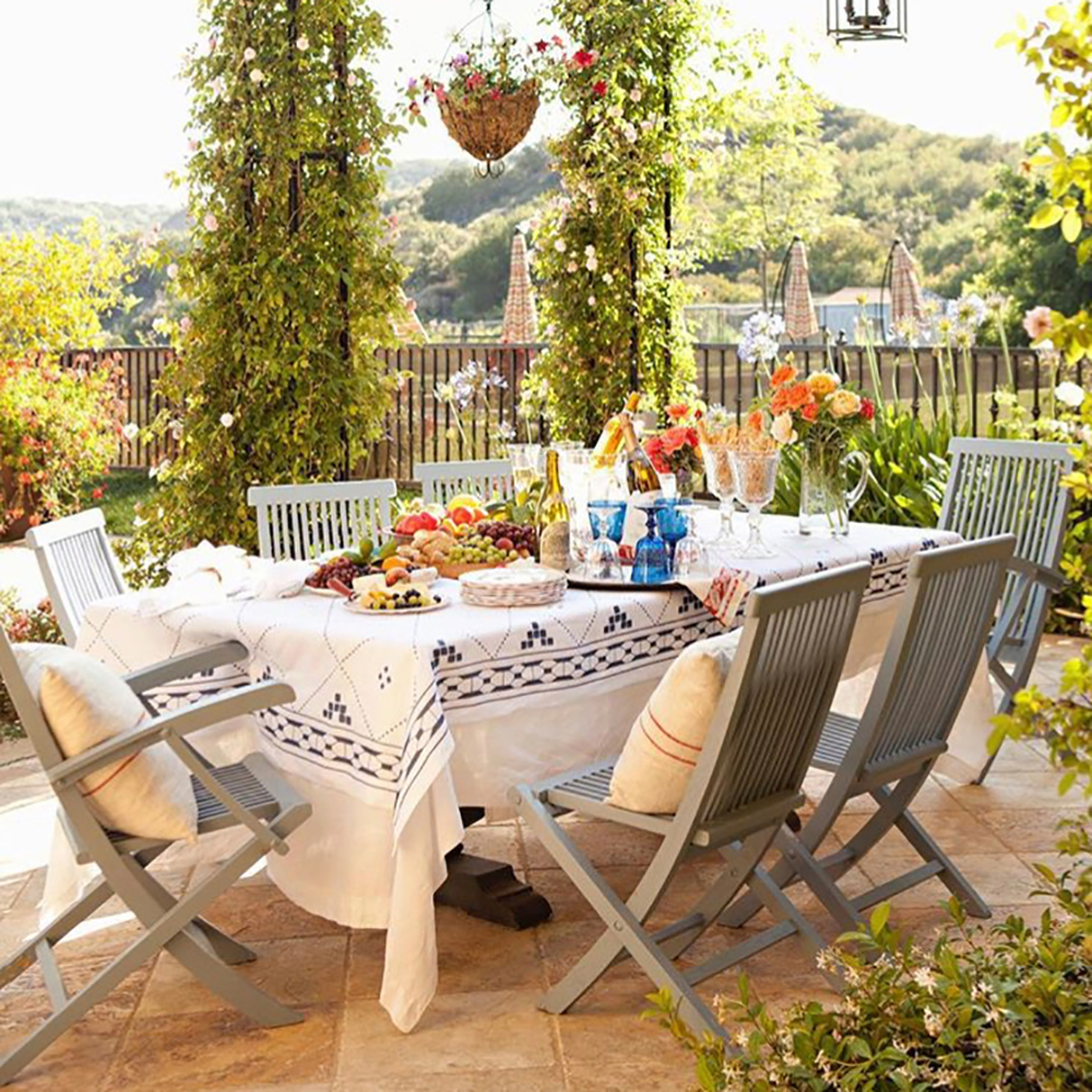 Blue and White Linen Decor Greece Morocco Outdoor dining Patio Design Tablecloth Hosting Summer 