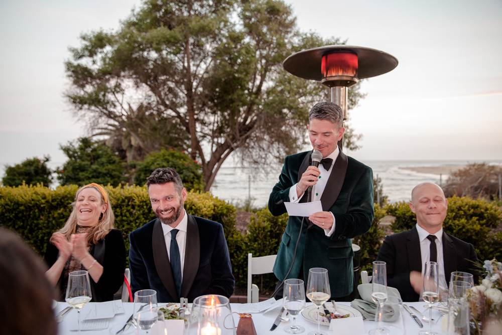 Adamson House Malibu wedding speeches in Spring beachfront overlooking Pacific Ocean