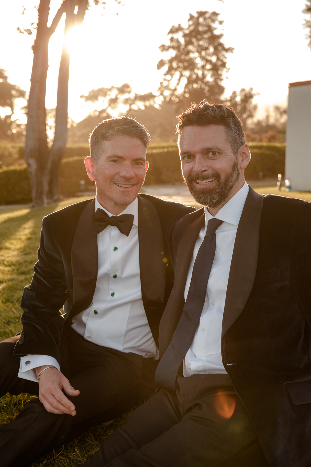 Gay Wedding Grooms in Green and Blue Velvet Tuxedo