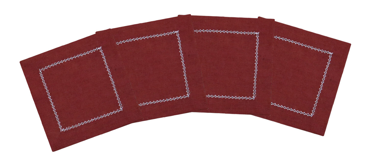 Hemstitched linen cocktail napkins burgundy red white trim