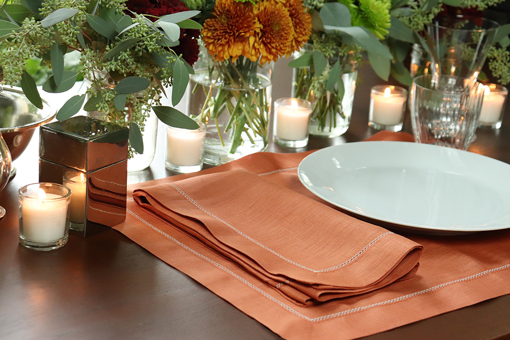Sienna orange linen napkin with hemstitch ivory rust brick pumpkin terracotta fall table settings for 2021