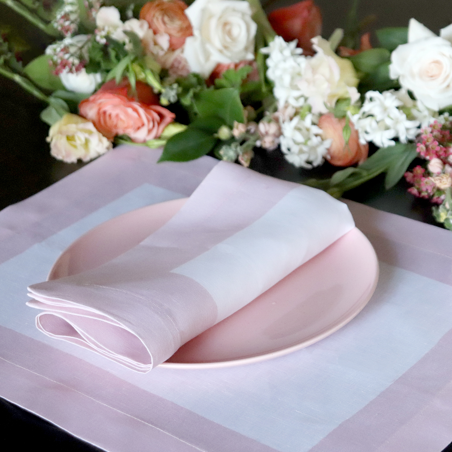 Pink and white stripe border linen napkin placemat romantic spring blush rose floral 