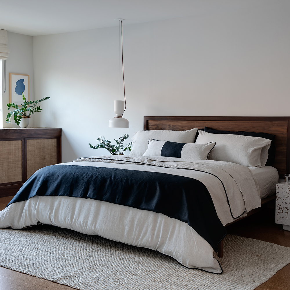 Huddleson natural and black linen blanket duvet cover shams sheets earthy masculine sophisticated 