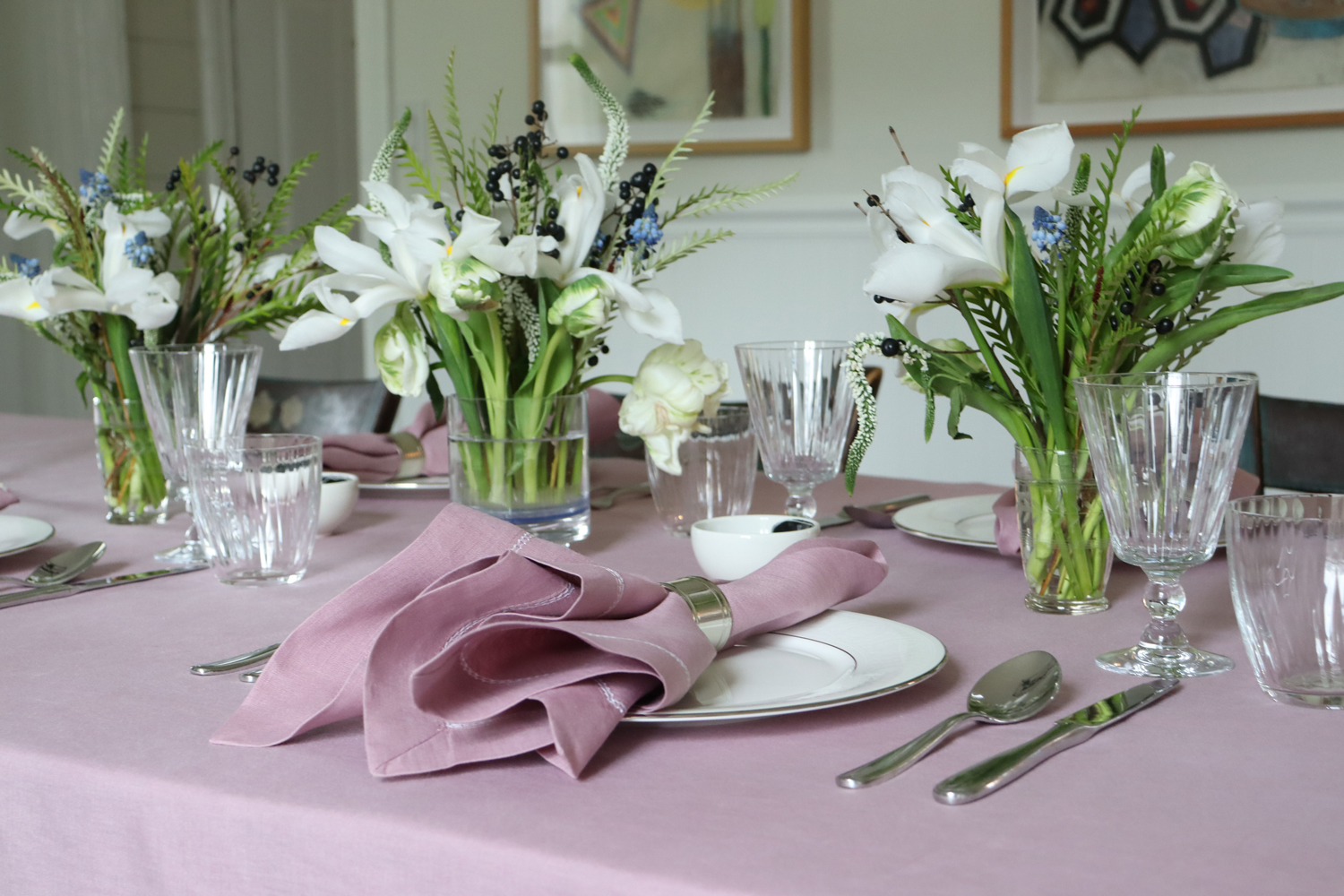 Spring table linens lilac linen tablecloth and hemstitched napkin 