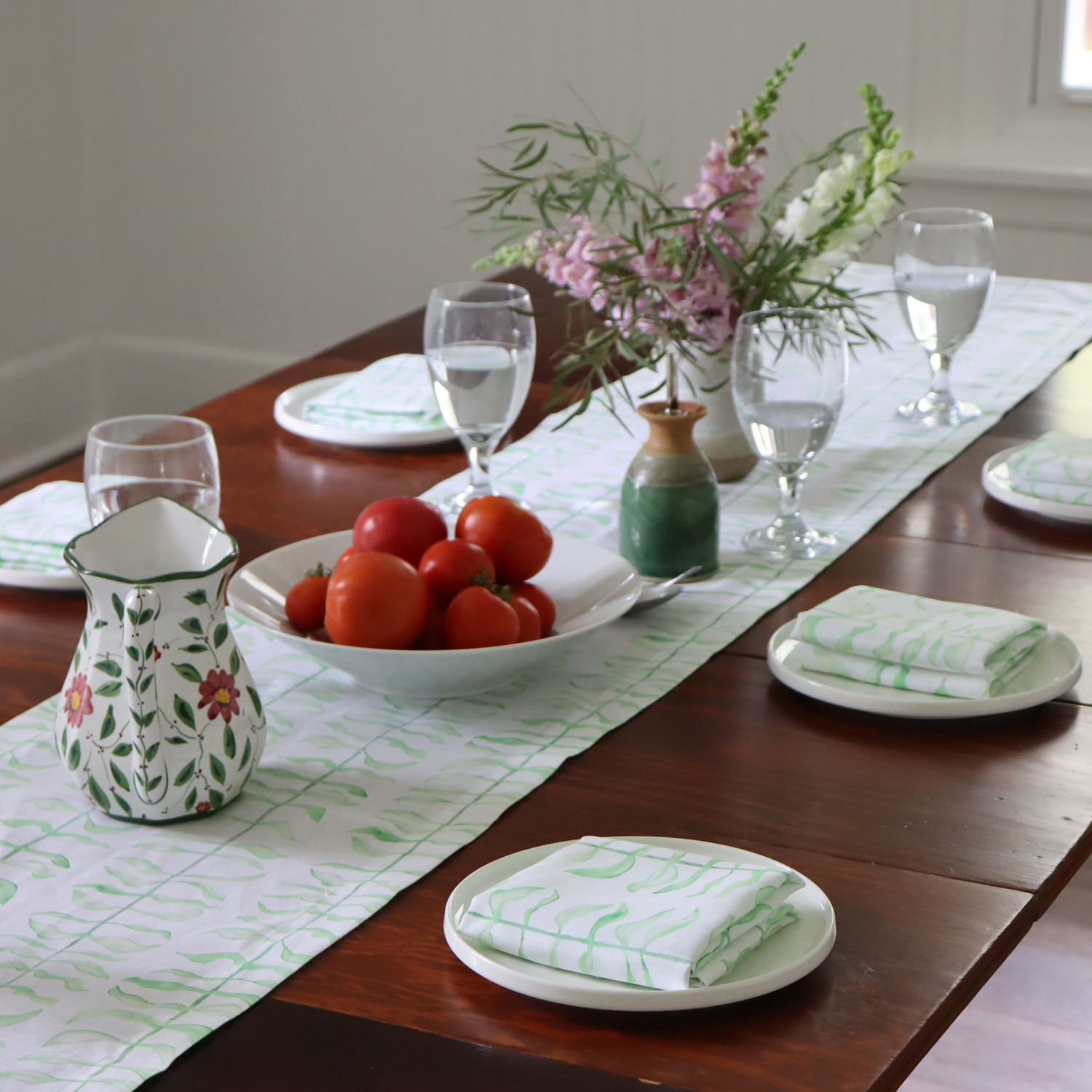 Green Leaf Print Linen Table Runner White Watercolor 