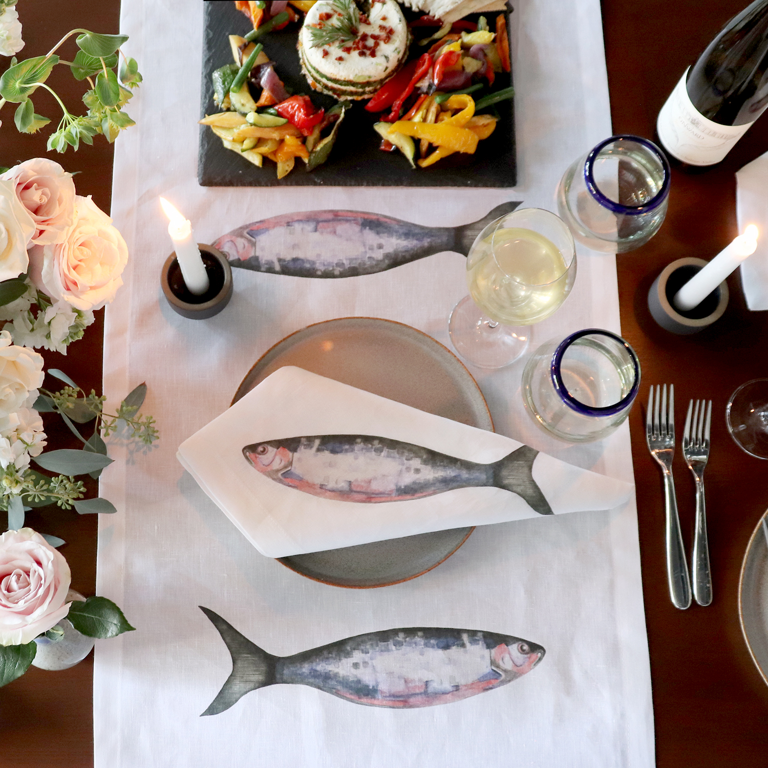 linen table runner with fish print