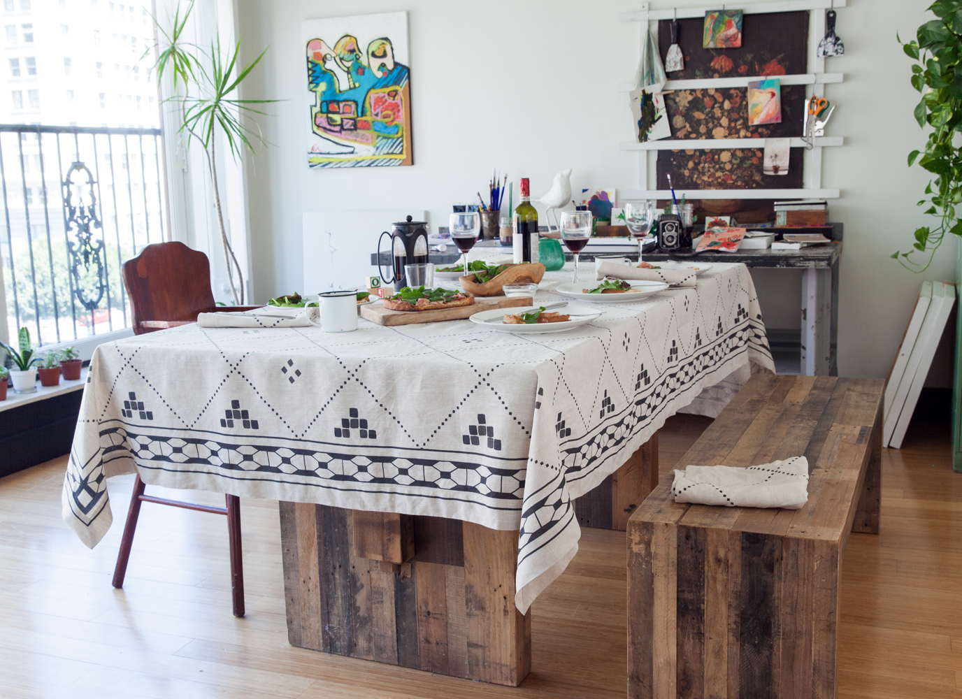 Natural linen tablecloth with print in black fall tablecloth 