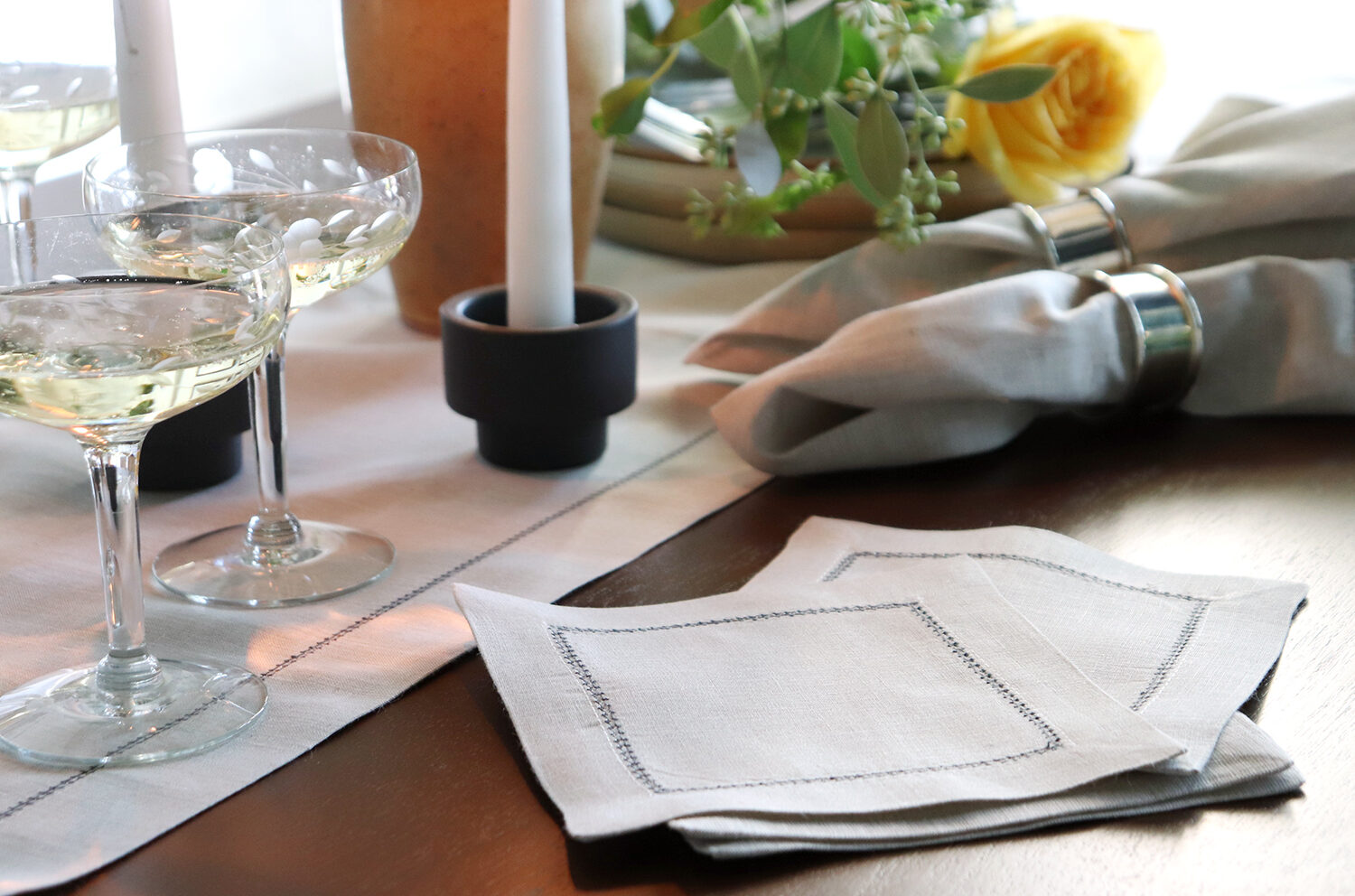 Natural Table Runner Cocktail Napkins Charcoal Hemstitch