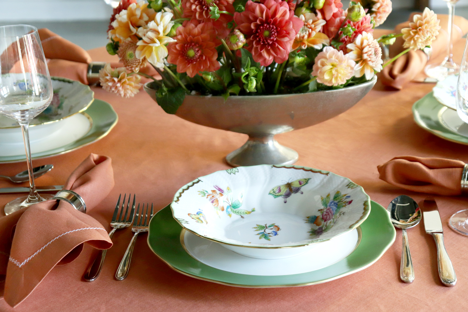 Fall table setting terracotta linen tablecloth oval and hemstitched terracotta napkin