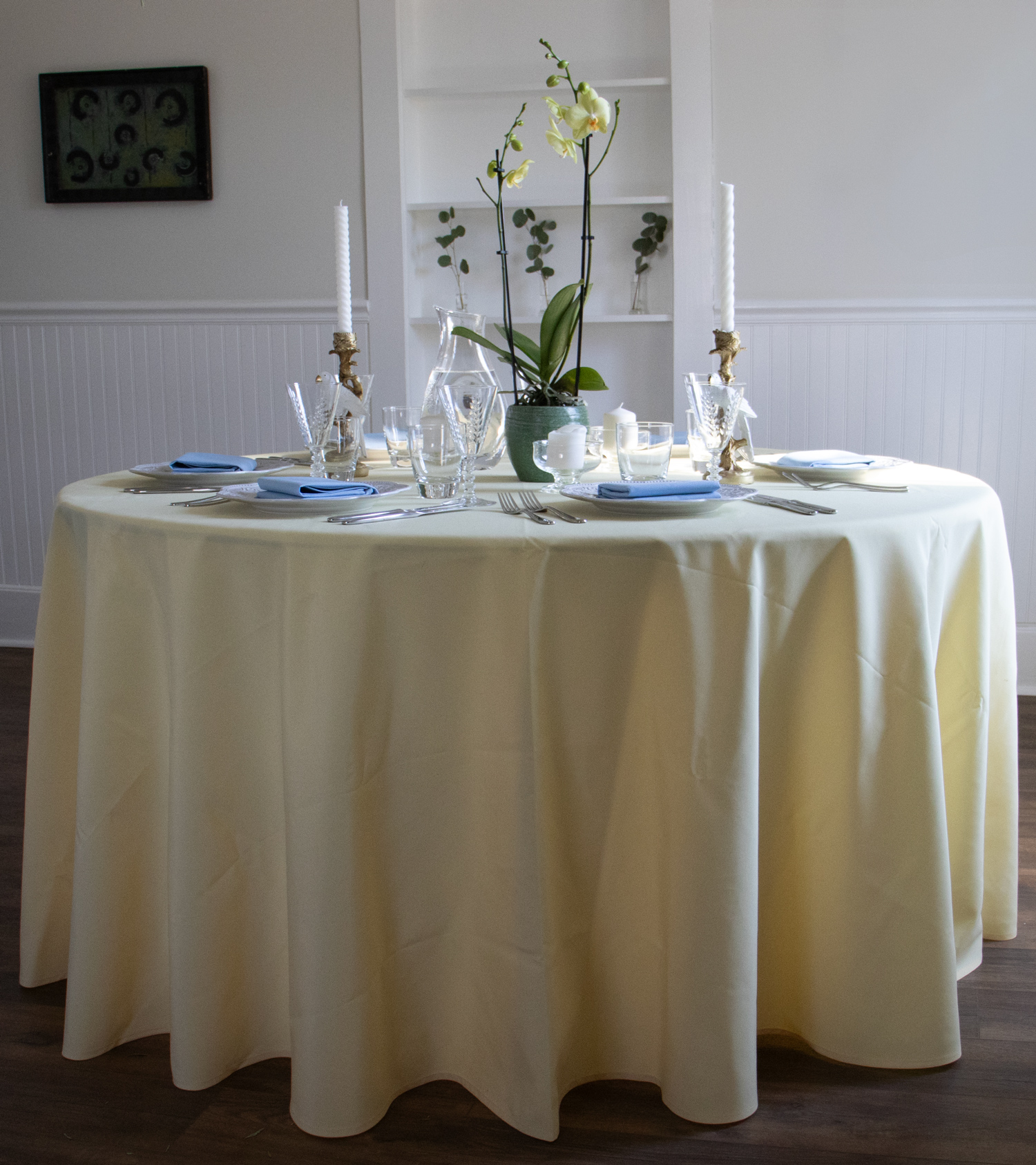 Gold Spun Polyester Tablecloth & Baby Blue Polyester Napkins