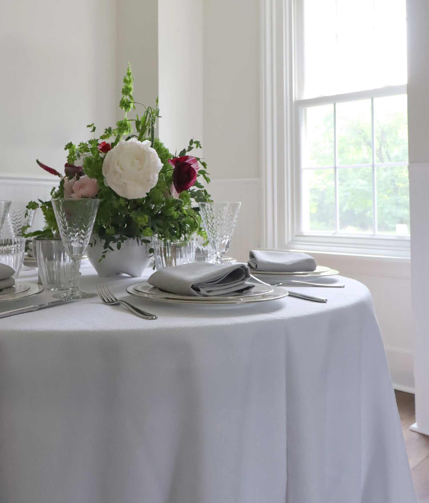 White Faux Linen Tablecloth & Light Silver Grey Faux Linen Napkins